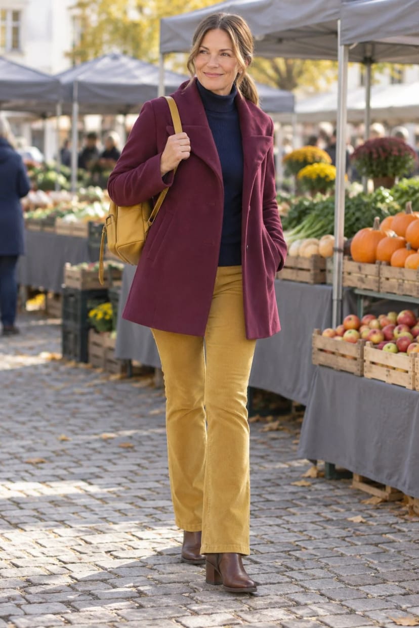 Frau trägt Kaschmir-Kurzmantel zur Cordhose – Wochenmarkt am Vormittag