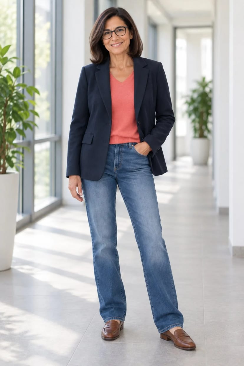 Frau trägt Marineblauer Longblazer zur geraden Jeans – Büro an einem milden Tag