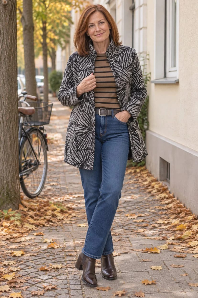 Frau trägt Schlichter Kurzmantel zu Jeans und Streifenpullover – Besorgungen mit dem Rad