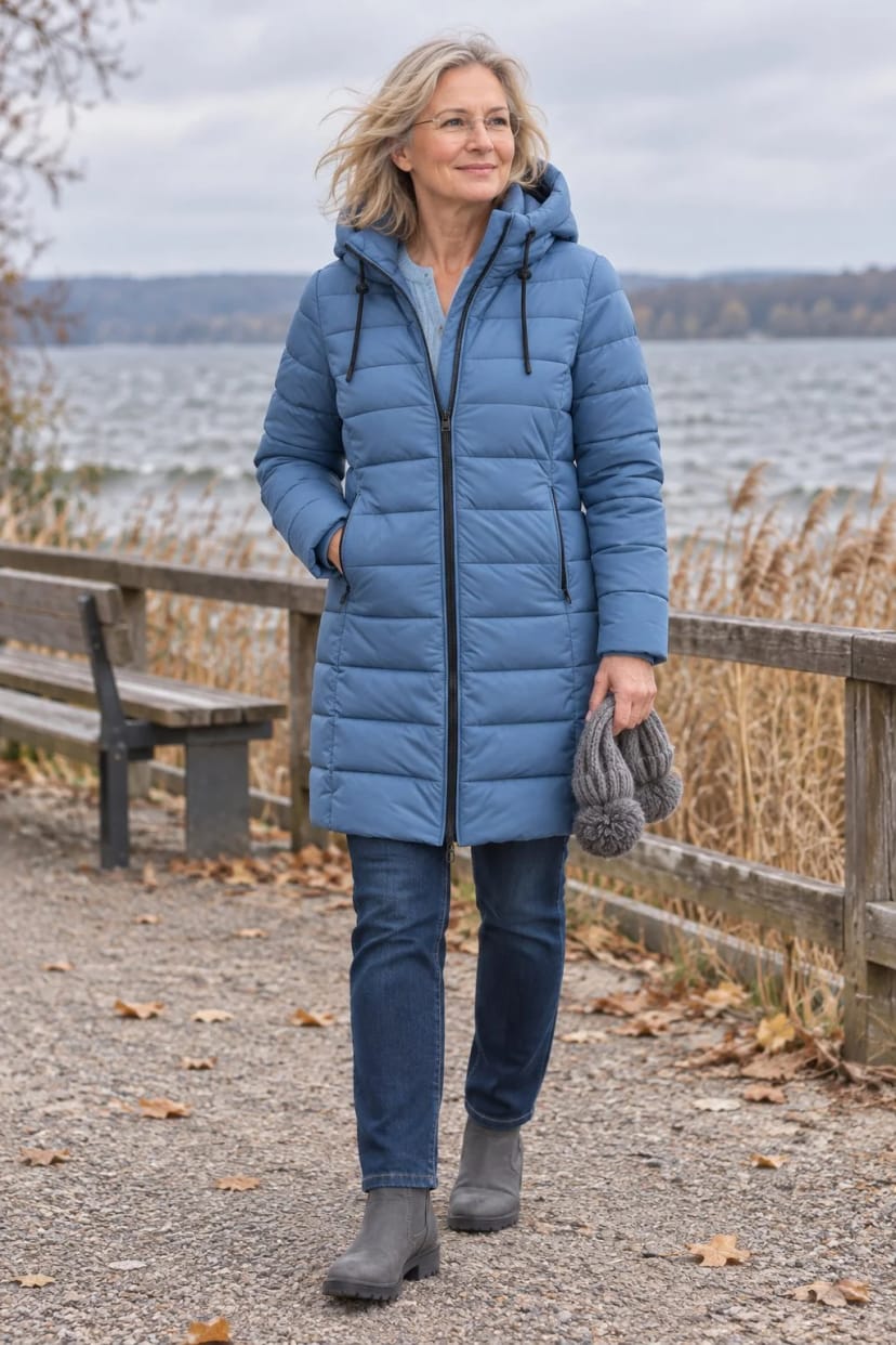 Frau trägt Steppjacke in Graublau zur Stretch-Jeans – Spaziergang am See bei Wind