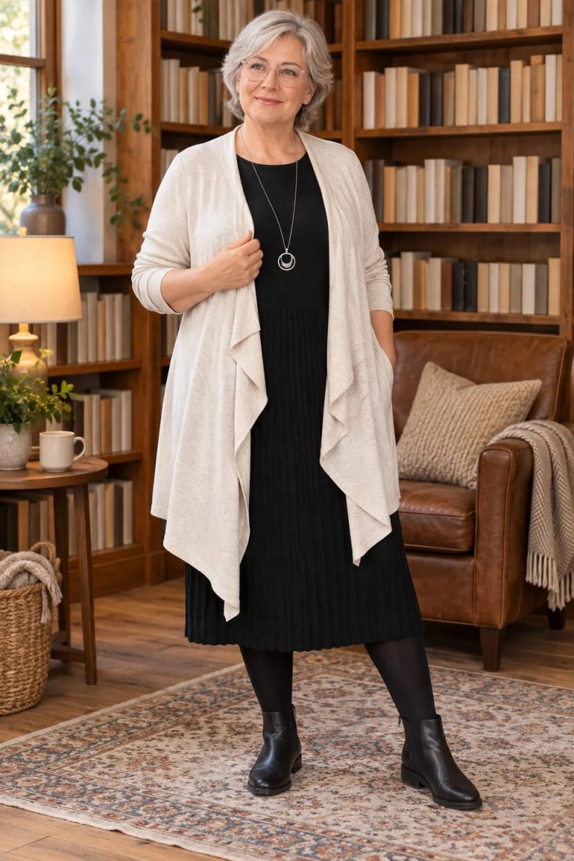 Frau trägt Wasserfall-Strickjacke über dem schwarzen Midikleid – Lesung in der Buchhandlung
