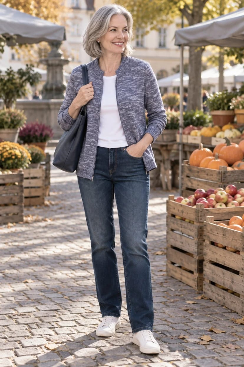 Frau trägt Blaue Strickjacke zur geraden Jeans – Samstag auf dem Wochenmarkt