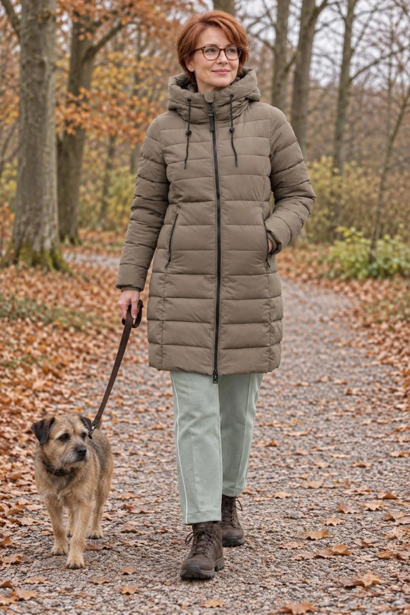 Frau trägt Braune Steppjacke zur mintgrünen Hose – Die Hunderunde am Morgen