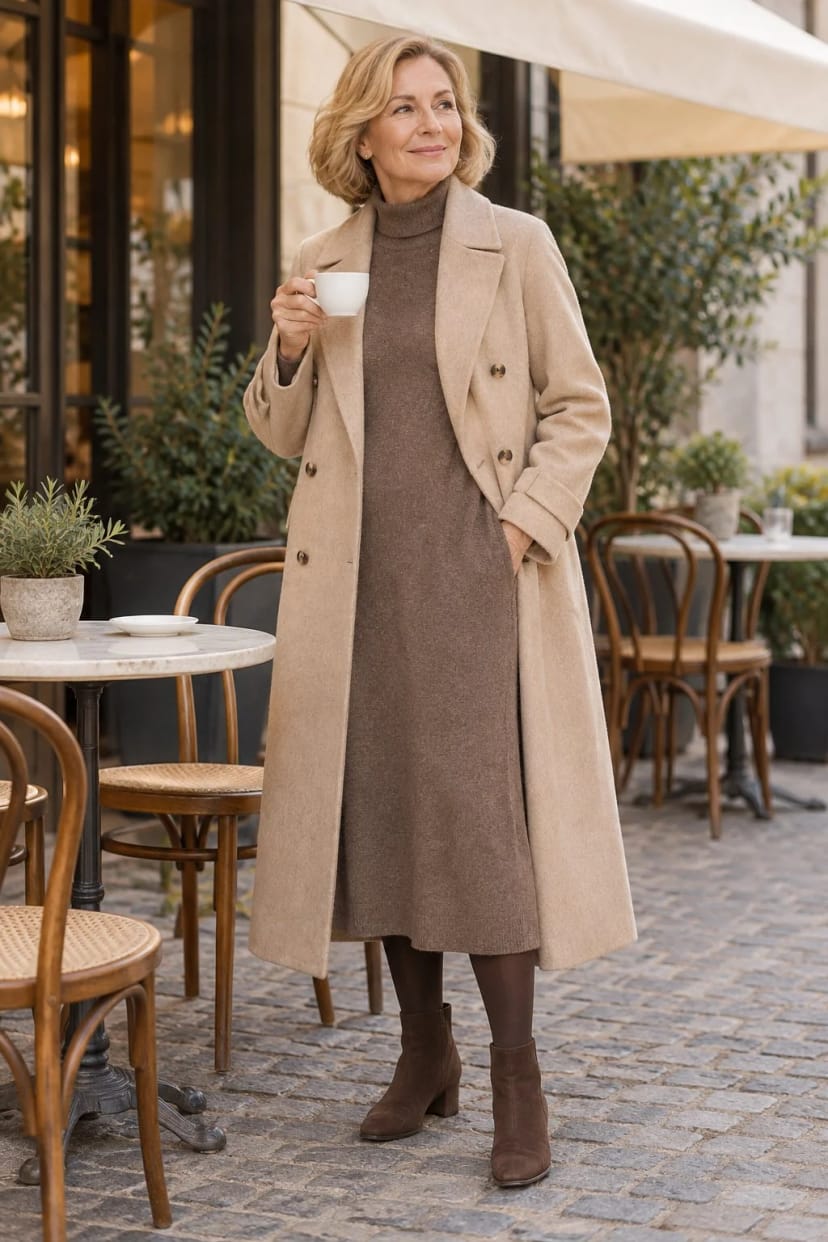Frau trägt Braunes Strickkleid unter beigem Wollmantel – Kaffee und Kuchen im Lieblingscafé