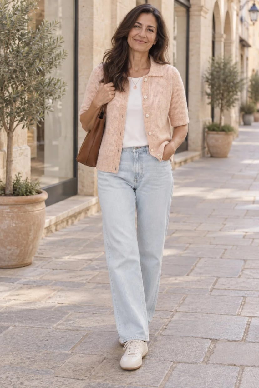 Frau trägt Rosa Strickjacke zur hellen Jeans – Stadtbummel mit der Freundin