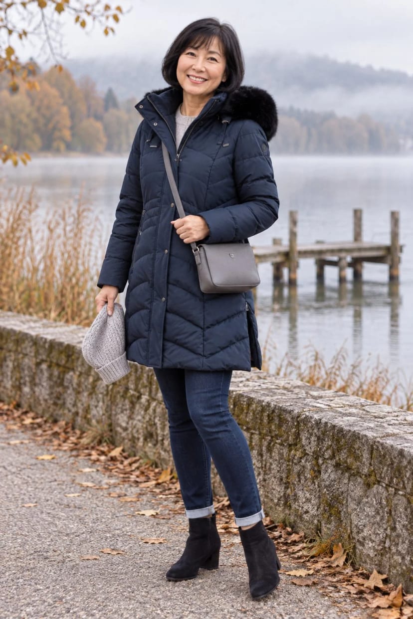 Frau trägt Saphirblauer Kurzmantel zur Jegging-Jeans – Sonntagsspaziergang am See