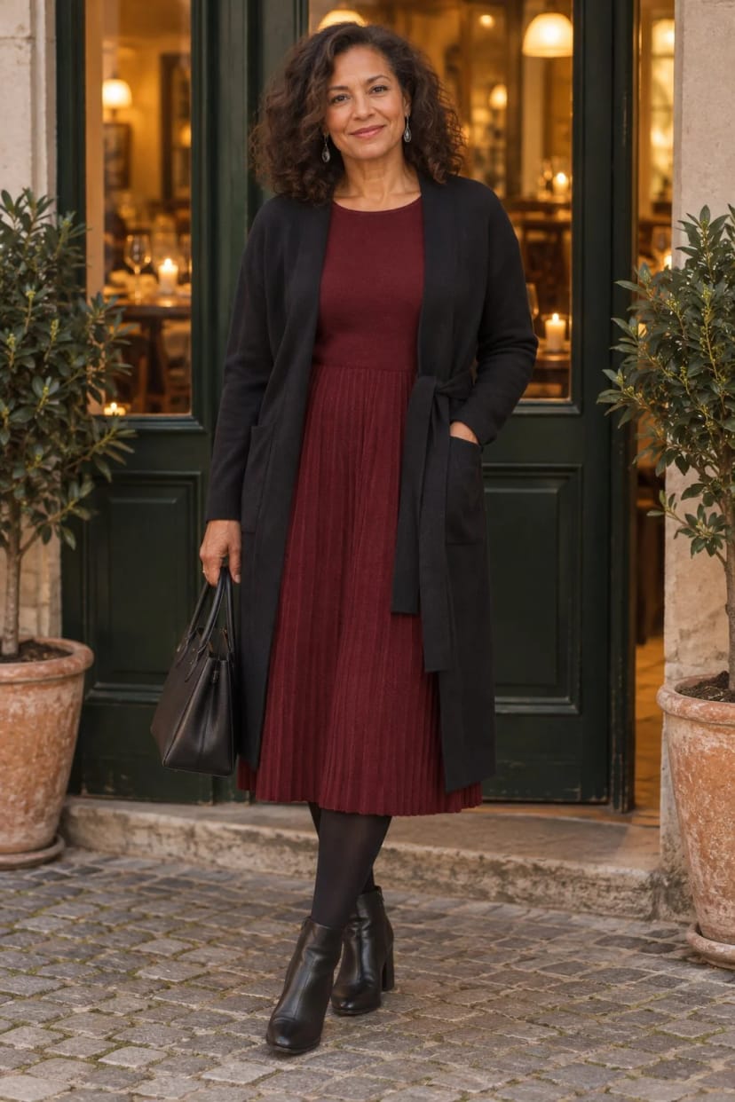 Frau trägt Weinrotes Midikleid mit schwarzer Strickjacke – Abendessen beim Italiener
