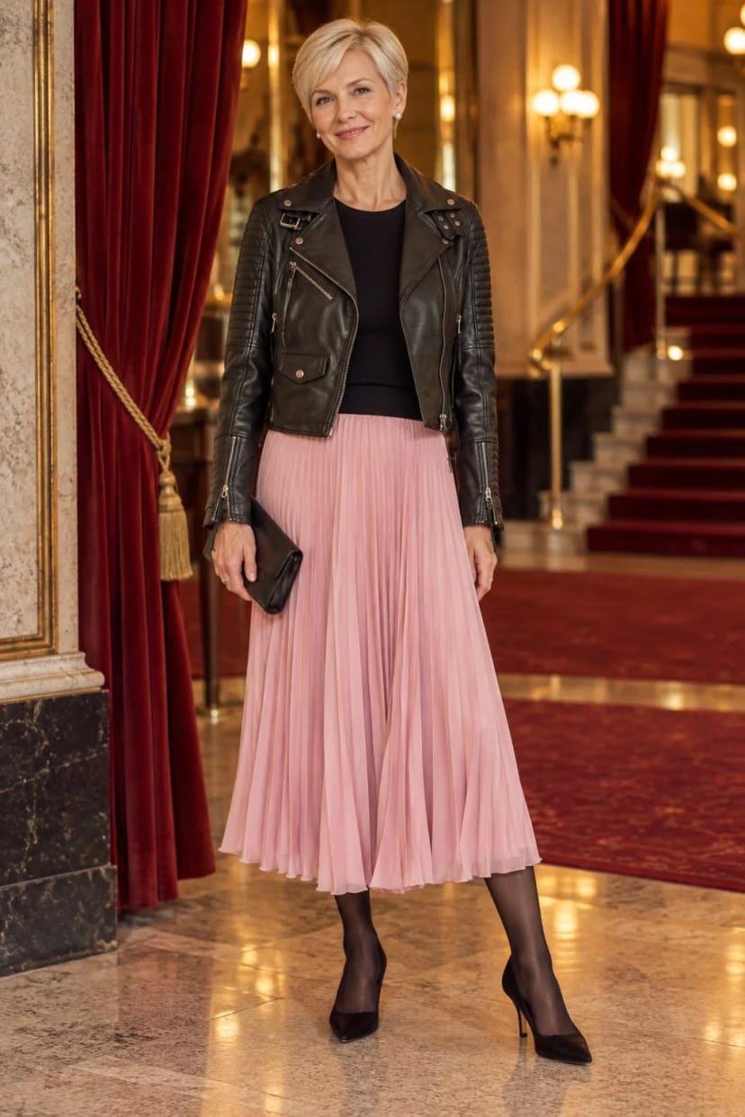 Frau trägt Bikerjacke zum schimmernden Plisseerock – Theaterabend