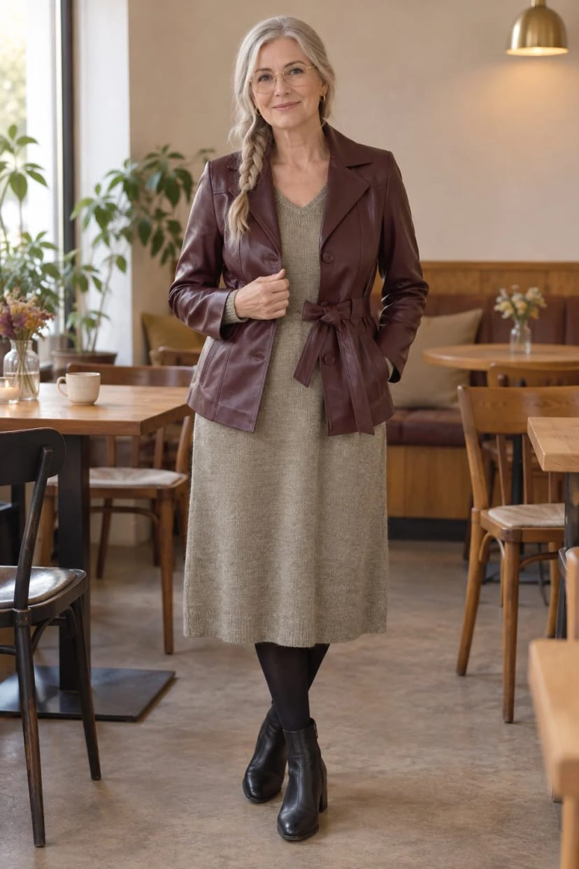 Frau trägt Bordeauxrote Gürteljacke zum olivgrünen Midikleid – Café mit der Schwester
