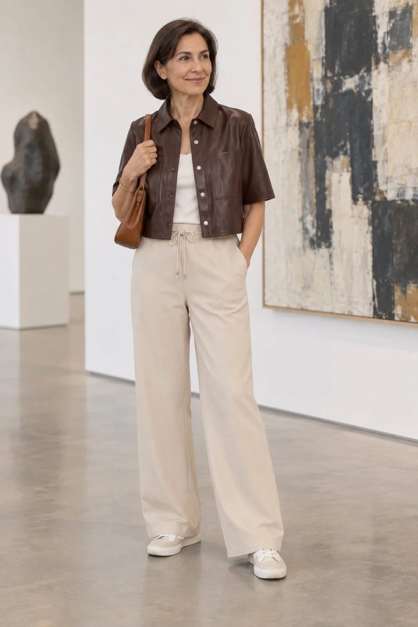 Frau trägt Kurzarm-Lederjacke über nachtblauem Rollkragen – Ausstellung am Nachmittag