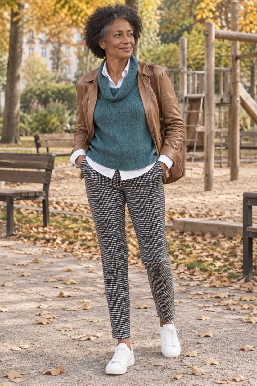 Frau trägt Pullunder und Hahnentritthose unter der eigenen Lederjacke – Nachmittag mit den Enkeln im Park