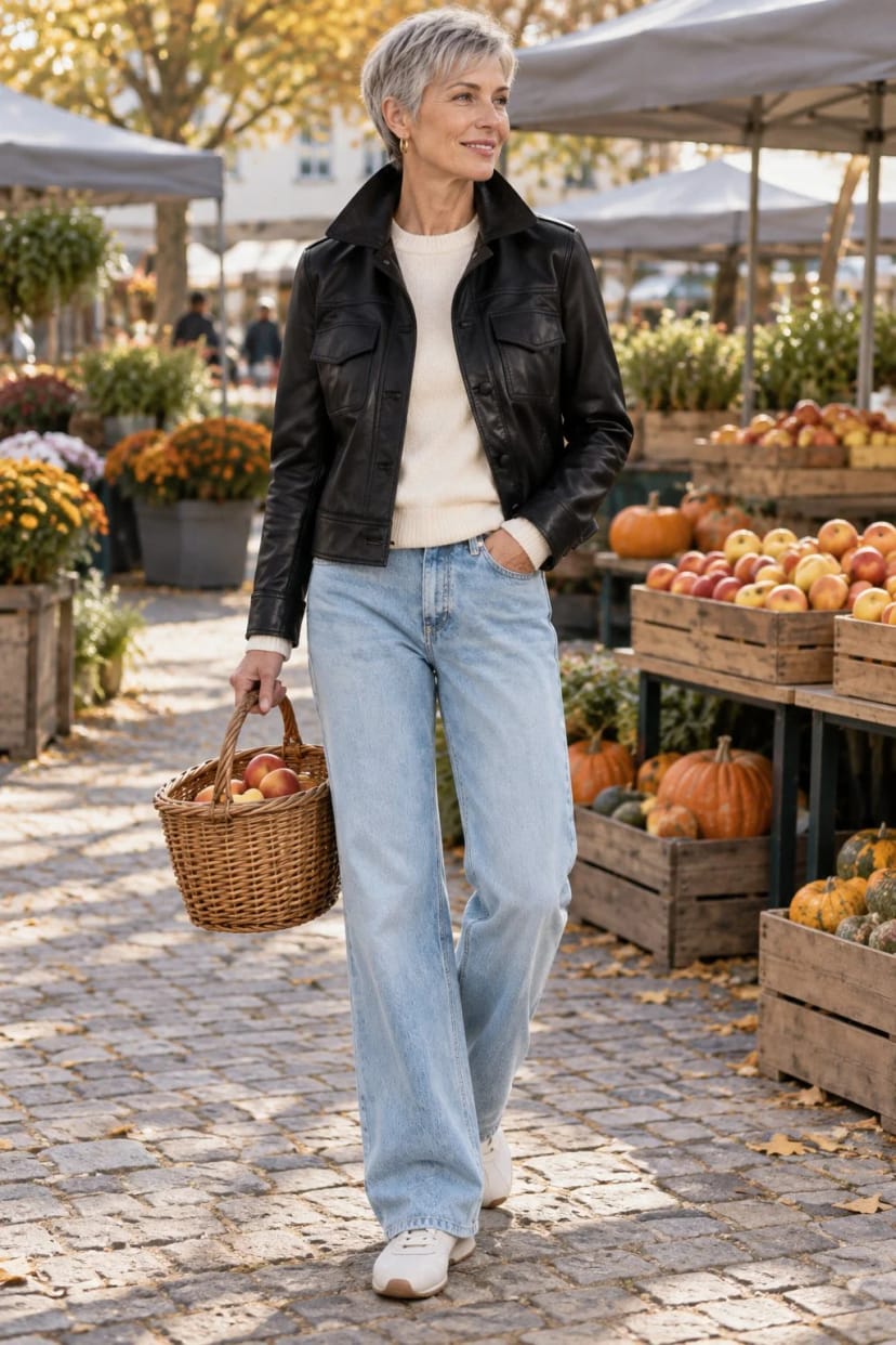 Frau trägt Schwarze Lederjacke zur hellen Straight-Jeans – Wochenmarkt um acht