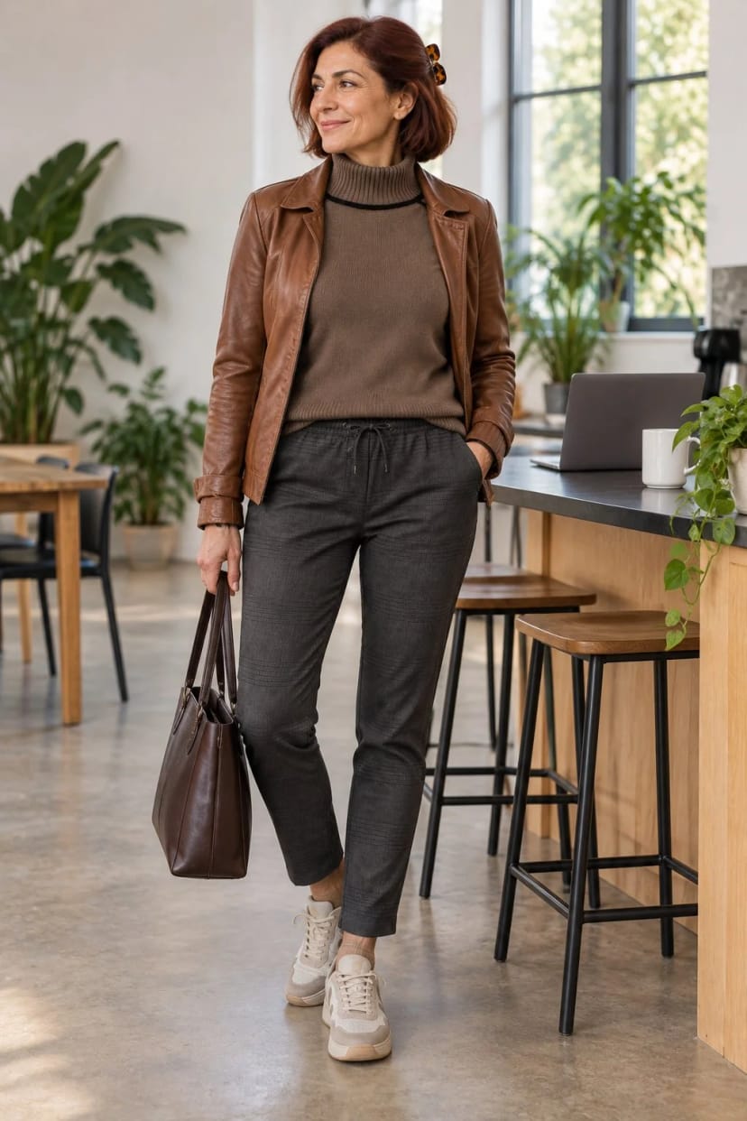 Frau trägt Trüffelbraun Ton in Ton unter der eigenen Lederjacke – Arbeitstag im Co-Working-Space
