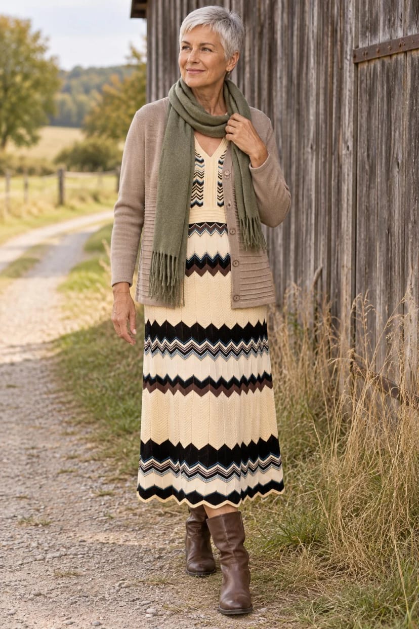 Frau trägt Braun-naturfarbenes Strickkleid mit Sand-Strickjacke – Naturbraun mit Sand und Salbei