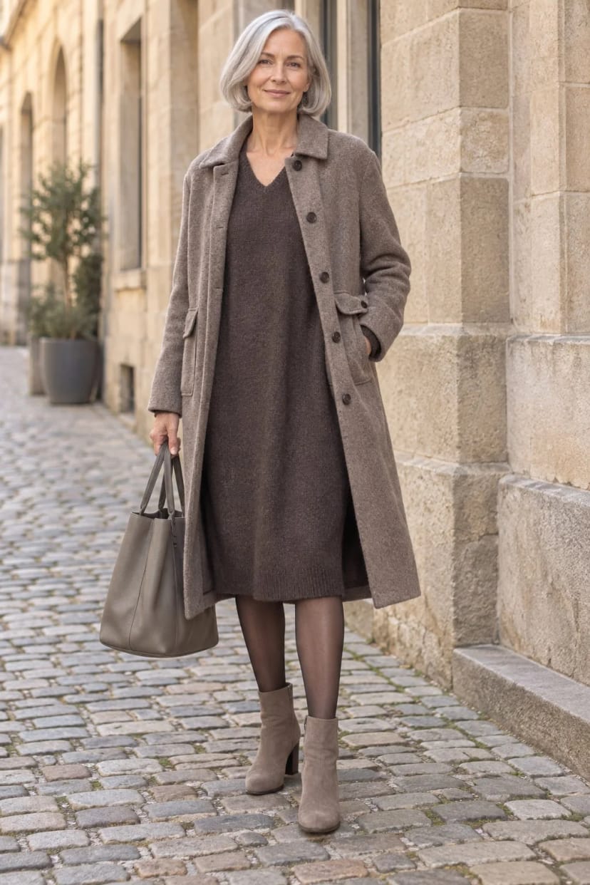 Frau trägt Charcoal-Kleid unter taupefarbenem Wollmantel – Grau und Taupe für den Stadttag