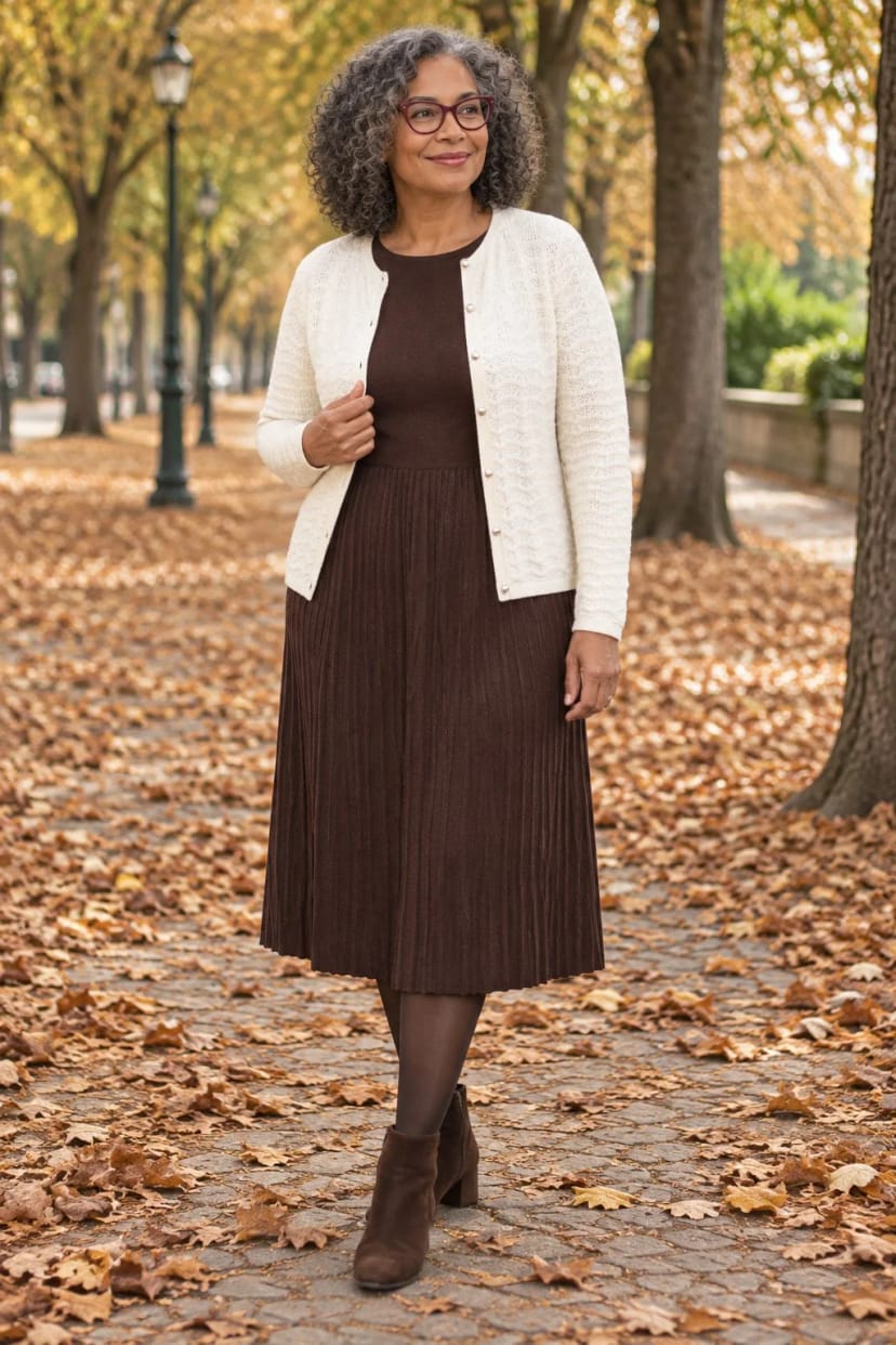 Frau trägt Kaffeebraunes Midikleid mit heller Strickjacke – Kaffeebraun mit Kreideweiß