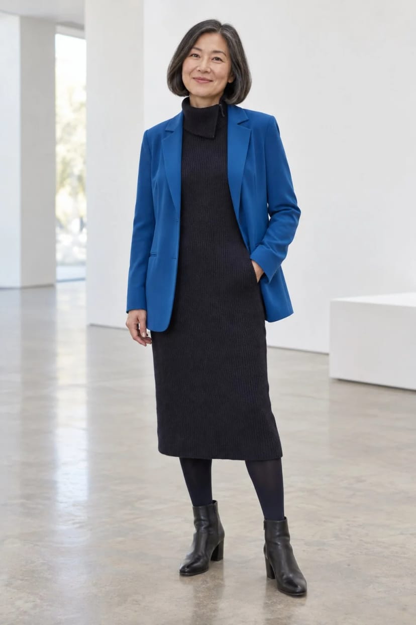Frau trägt Marineblaues Strickkleid mit Blazer in True Blue – Marine mit kräftigem Blau