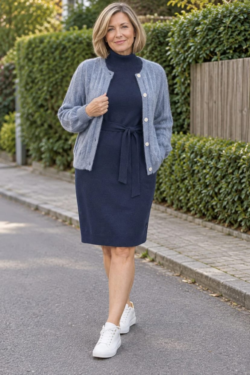 Frau trägt Nachtblaues Strickkleid mit blauer Strickjacke – Dunkelblau mit hellerem Blau und Weiß
