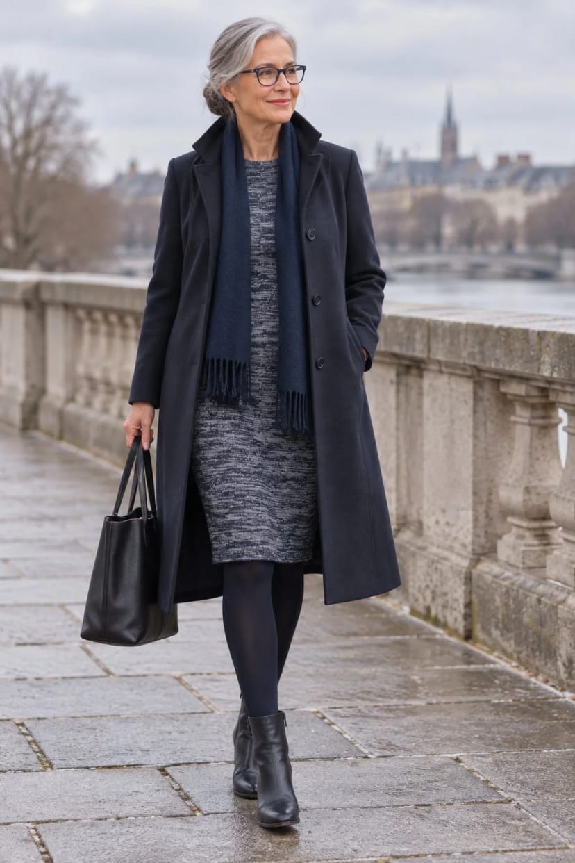 Frau trägt Navy-Strickkleid mit indigoblauem Mantel – Navy und Indigo, lang und ruhig