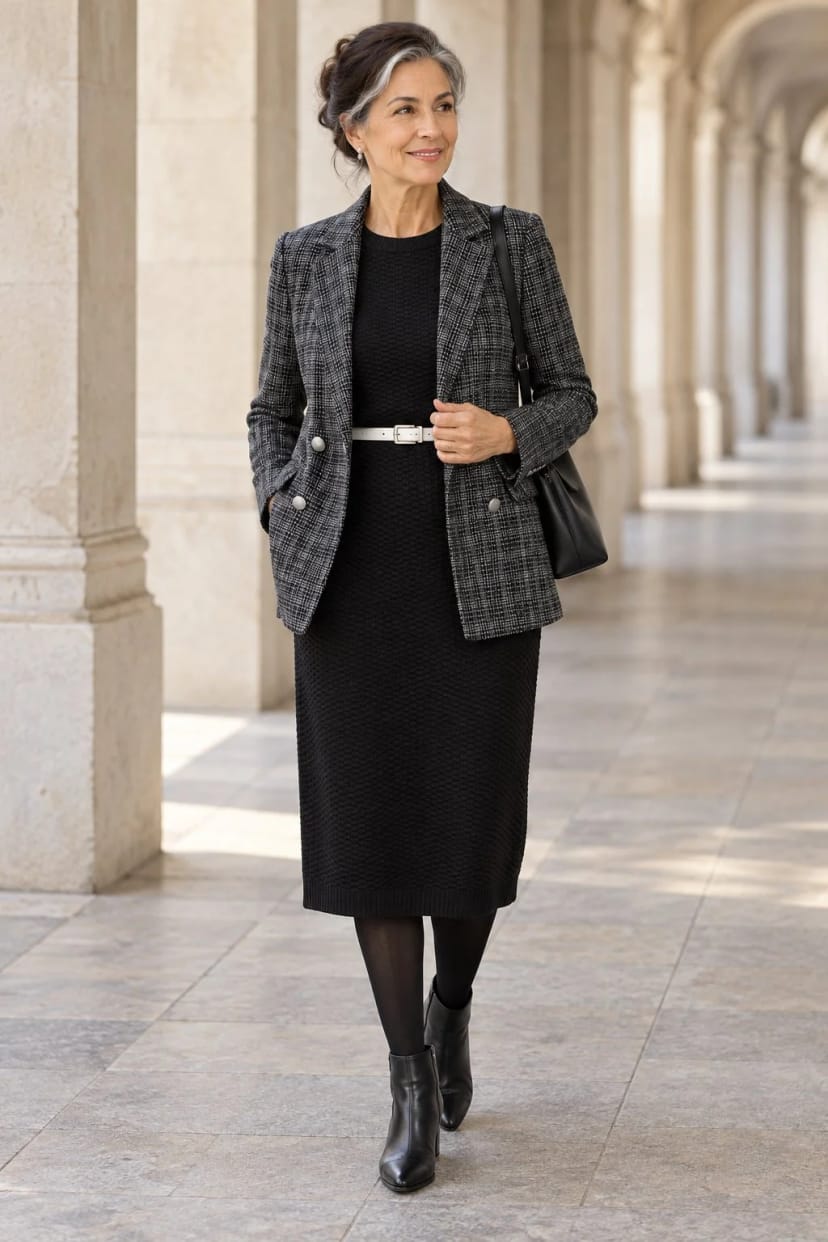 Frau trägt Schwarzes Strickkleid mit schwarz-weißem Blazer – Schwarz mit Wollweiß, grafisch