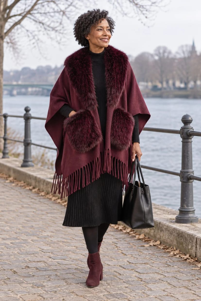Frau trägt Schwarzes Strickkleid mit weinrotem Poncho – Schwarz mit Weinrot und Bordeaux