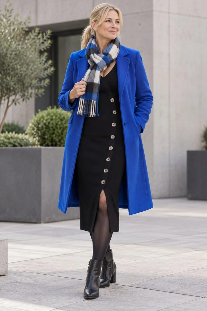 Frau trägt Schwarzes Strickkleid unter royalblauem Mantel – Schwarz mit Royalblau