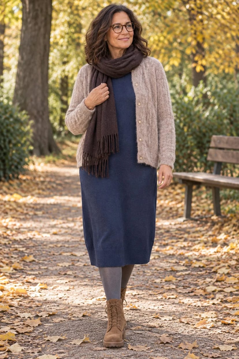 Frau trägt Titangraues Kleid mit haferfarbener Strickjacke – Grau mit Haferton und Cognac