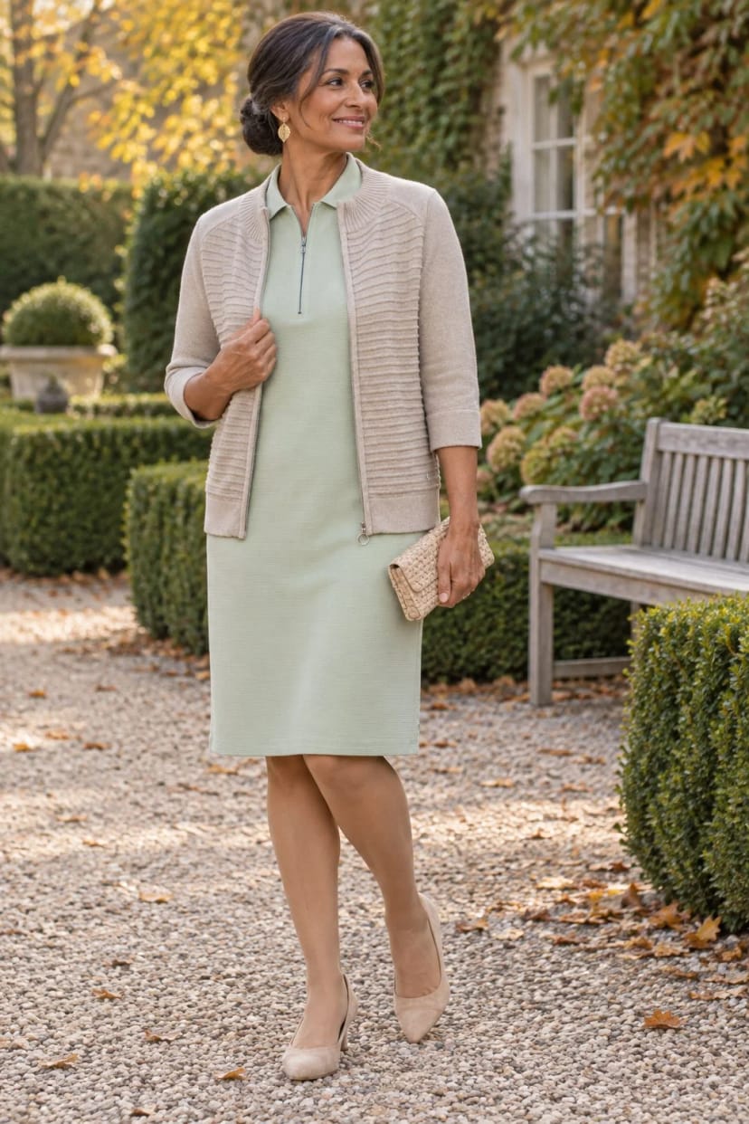 Frau trägt Frosty Green mit Taupe – Gartenhochzeit im Oktober