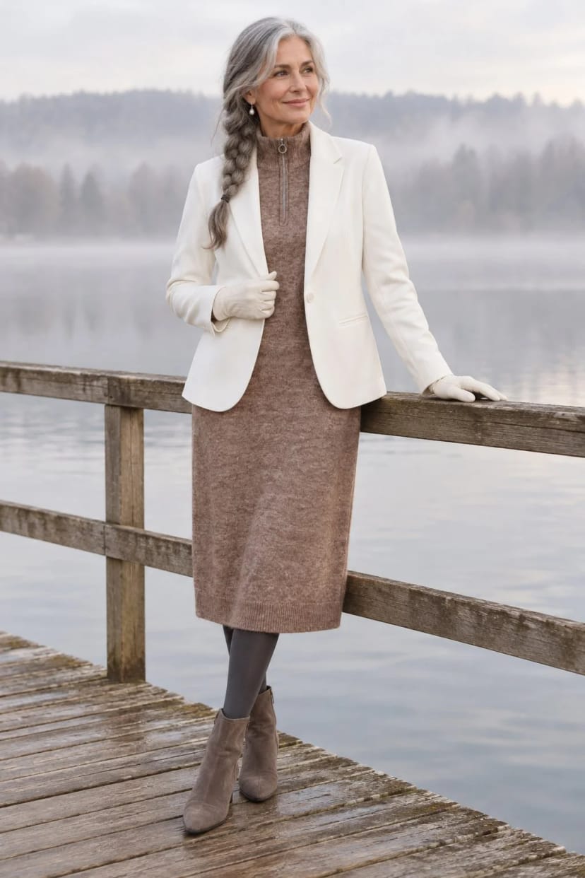 Frau trägt Melange mit hellem Blazer – Trauung am See im November