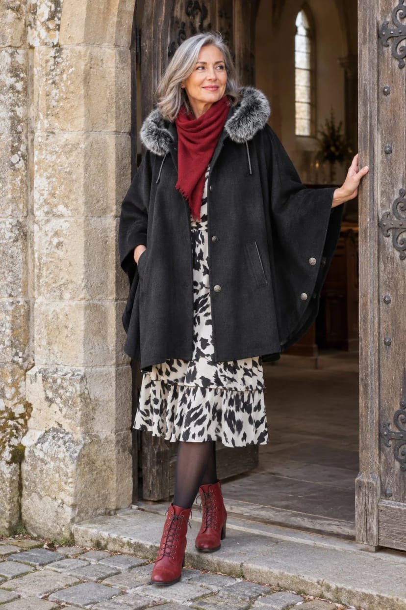 Frau trägt Anthrazit-Cape über dem Kleid in Ecru-Schwarz – Trauung in einer kühlen Dorfkirche