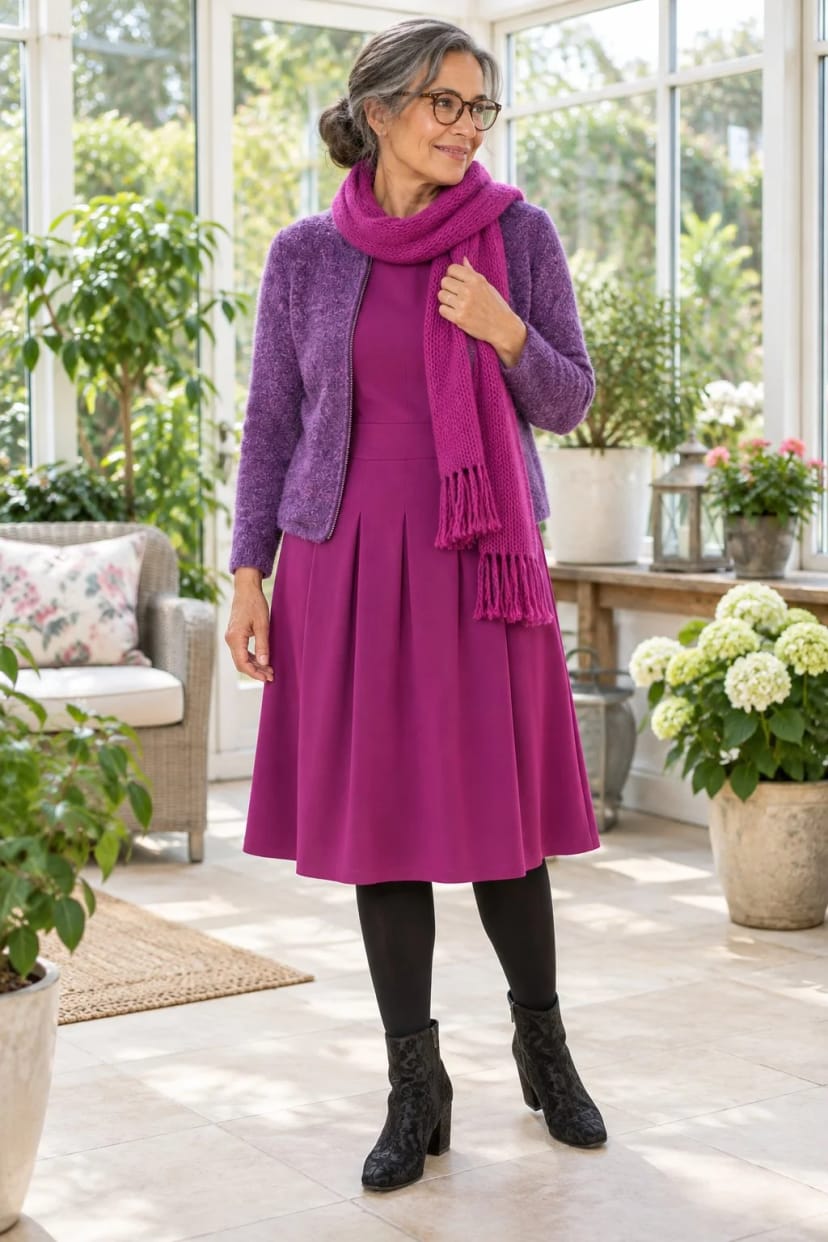 Frau trägt Bouclé-Strickjacke in Lila zum beerenfarbenen Kleid – Nachmittagshochzeit mit Kaffeetafel