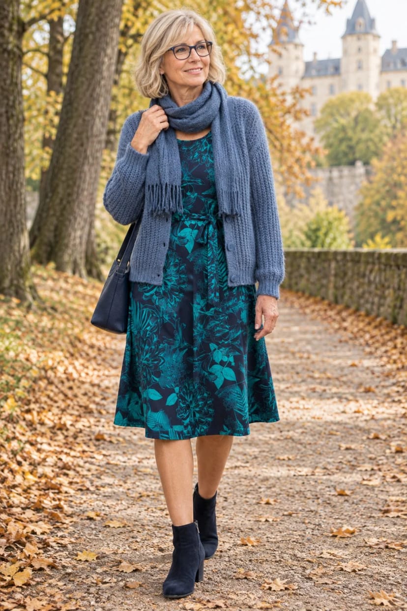 Frau trägt Pailletten-Strickjacke zum nachtblauen Kleid – Trauung im Schlosspark, Feier im Gewölbekeller