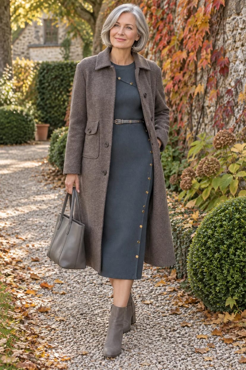 Frau trägt Taupe Wollmantel über dem nebelblauen Strickkleid – Freie Trauung im Garten bei kühlem Wind