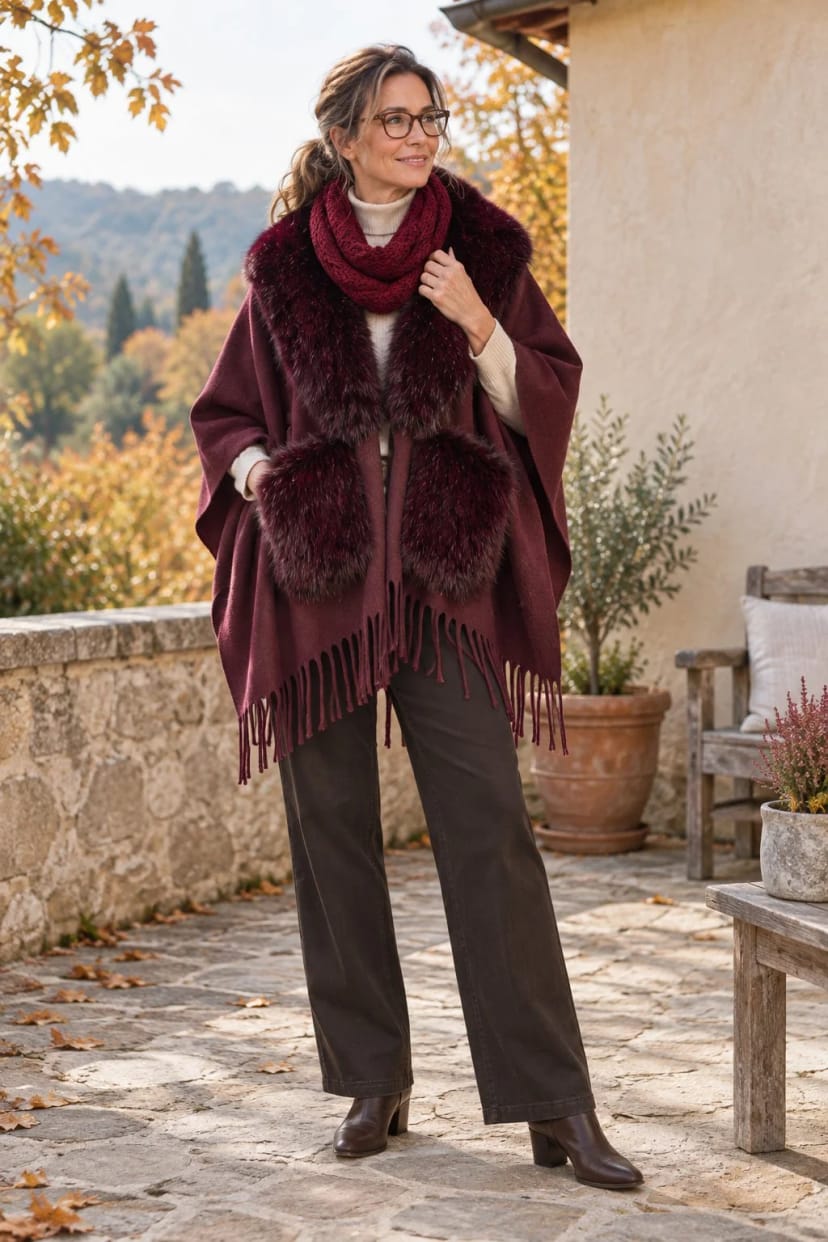 Frau trägt Weinroter Poncho zur weiten Hose in Espresso – Entspannte Hochzeitsfeier ohne strengen Dresscode
