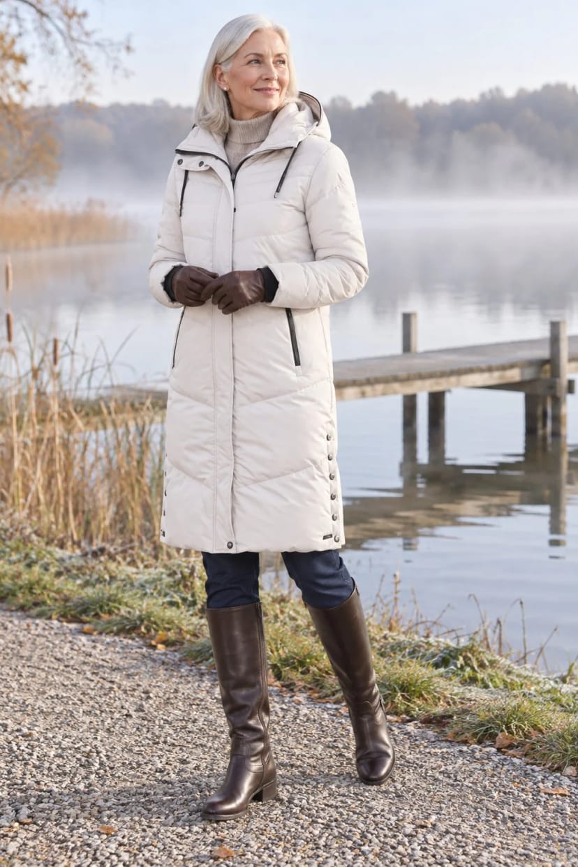 Frau trägt Beiger Kapuzenmantel und dunkle Jeans zu deinen braunen Stiefeln – Sonntagsrunde am See