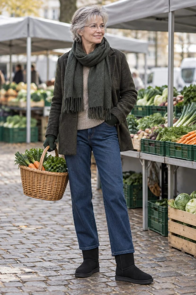 Frau trägt Gerade Jeans mit schwarzen Boots und Steppmantel – Wochenmarkt am frühen Morgen