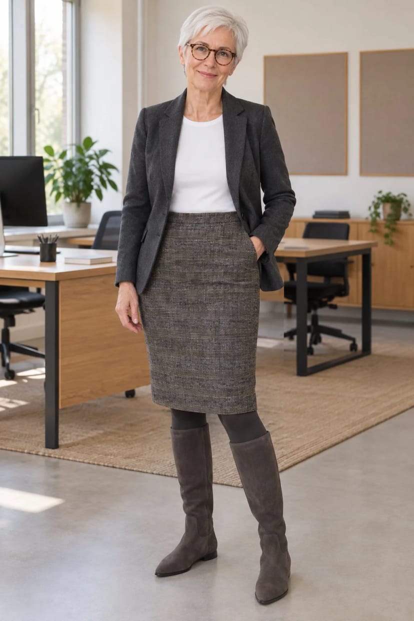 Frau trägt Graue Veloursstiefel zum gemusterten Rock und Blusenblazer – Langer Schreibtischtag