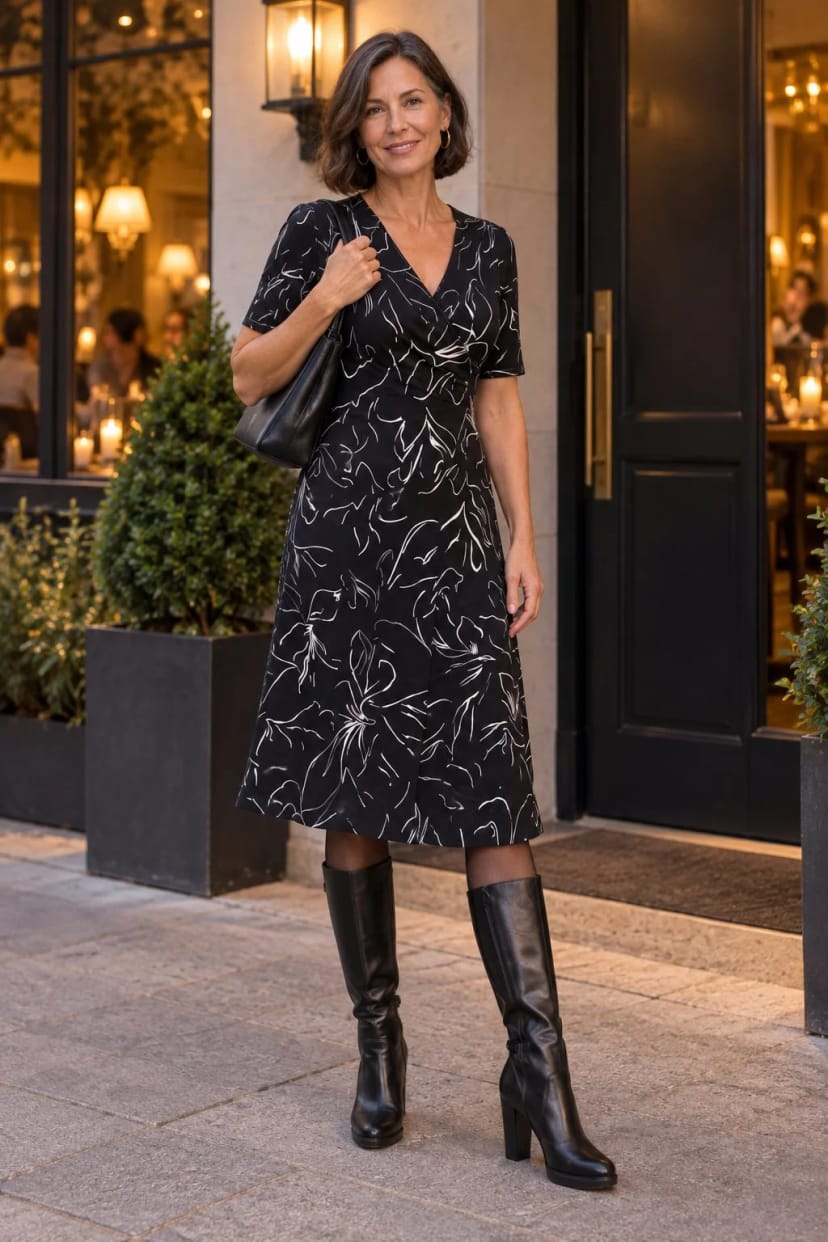 Frau trägt Schwarzes Wickelkleid mit Absatzstiefeln aus Leder – Abendessen im Restaurant