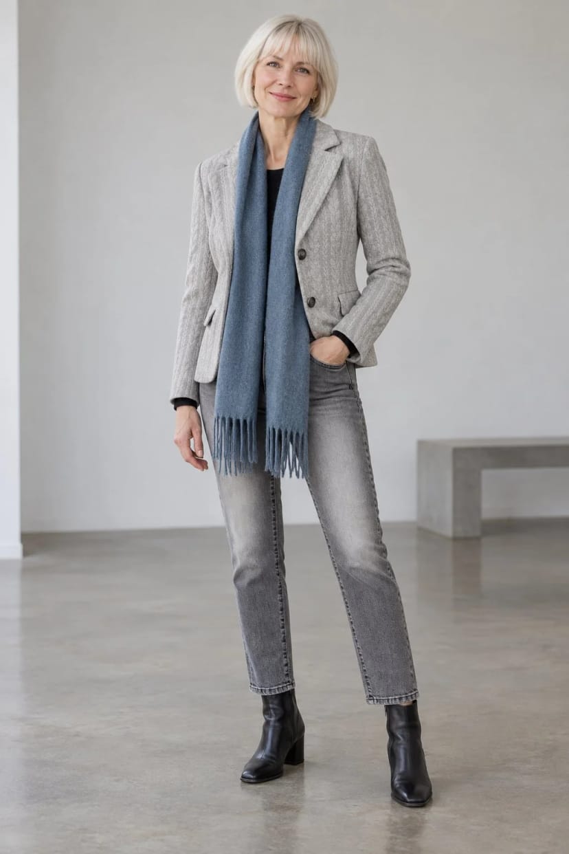 Frau trägt 7/8-Hose mit Jersey-Blazer und Wollschal – Steingrau mit Meeresblau