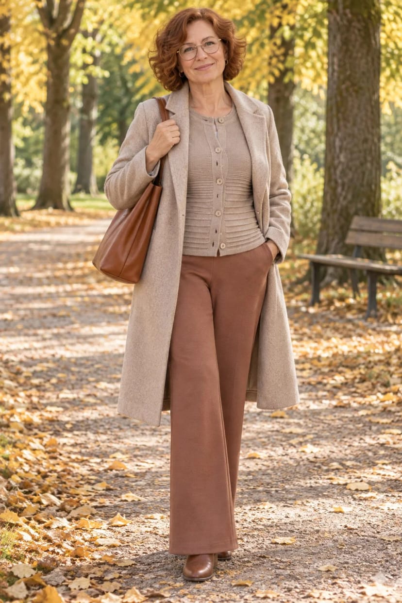 Frau trägt Ausgestellte Jerseyhose mit Strickjacke und Mantel – Jersey in Cognac und Sand