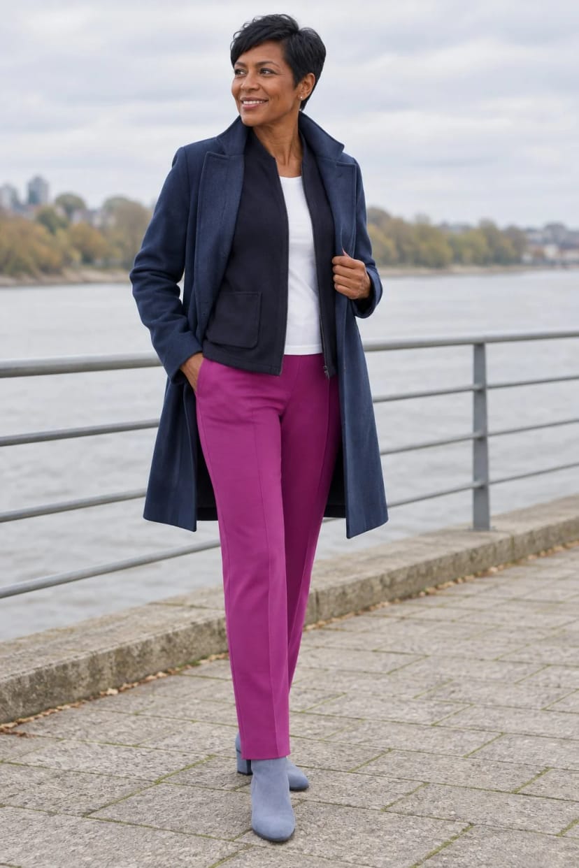 Frau trägt Jerseyhose in Fuchsia mit nachtblauer Strickjacke – Fuchsia unter Blau