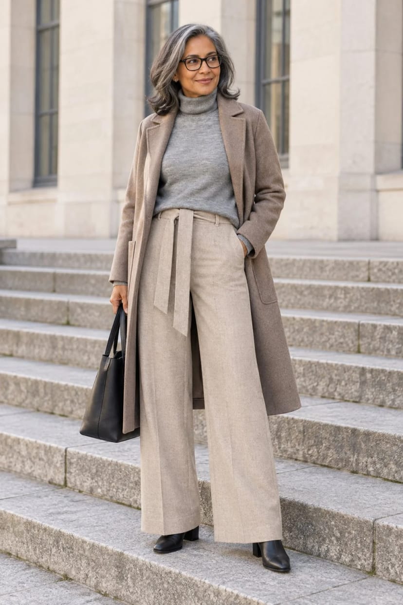 Frau trägt Palazzohose mit Bindeband und langem Rollkragenpullover – Cappuccino mit Graphit