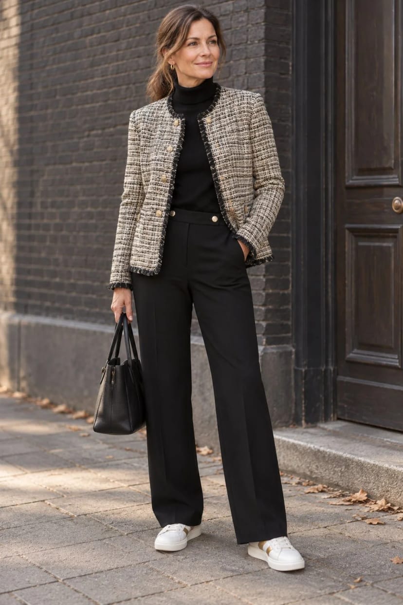 Frau trägt Schwarze Bügelfaltenhose mit Tweed-Blazer – Schwarz mit Tweed und Sneaker