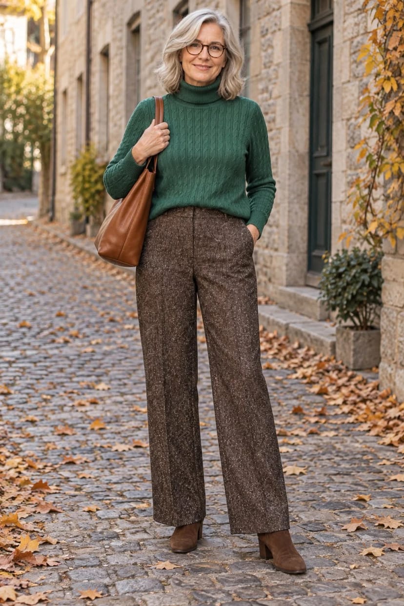 Frau trägt Tweed-Hose mit Rollkragen und Veloursstiefelette – Tweed in Braun mit Tannengrün