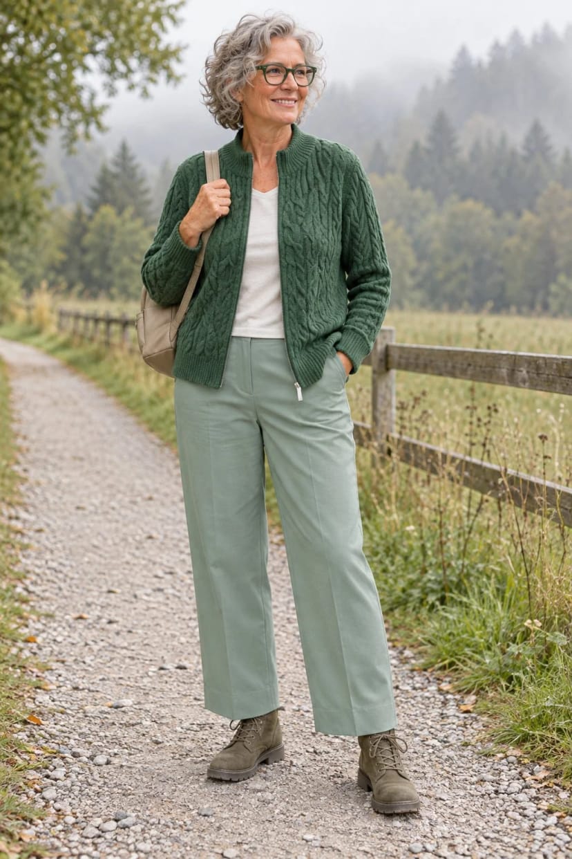 Frau trägt Weite 7/8-Hose in Salbeigrün mit Schnürstiefel – Salbei und Moos