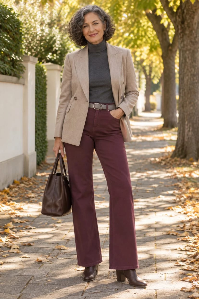 Frau trägt Weite Jeans in Bordeaux mit Doppelreiher – Bordeaux-Denim mit Taupe