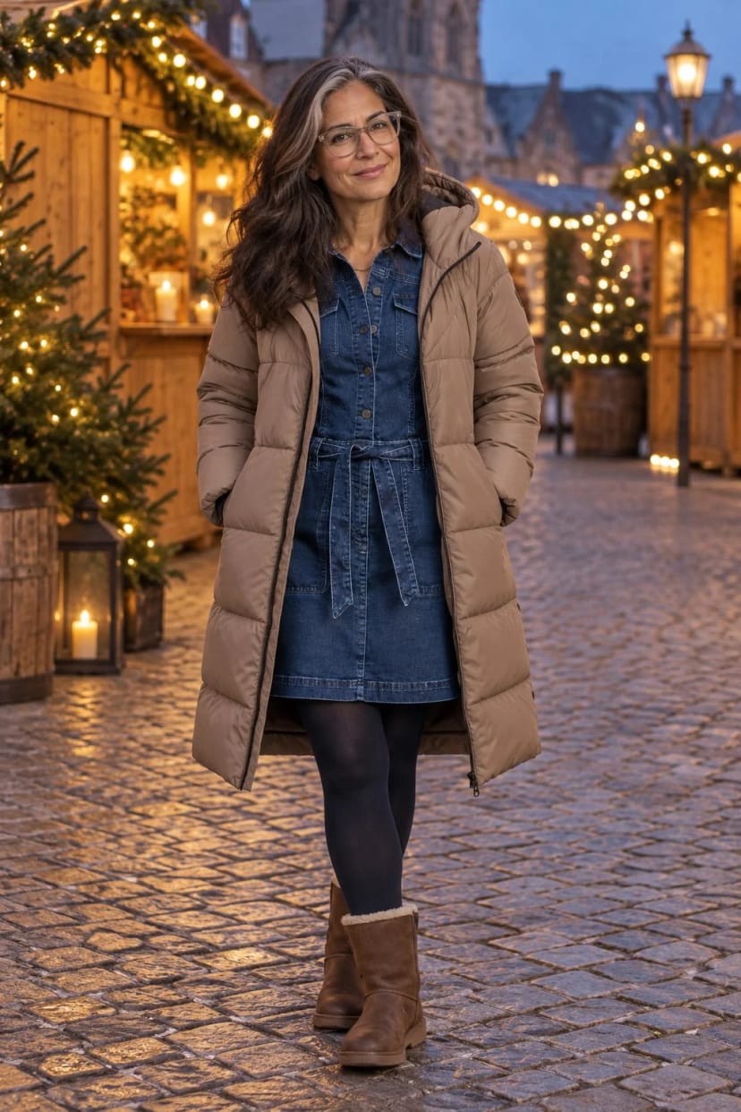 Frau trägt Dunkles Jeanskleid mit langem Steppmantel in Walnut – Eiskalter Nachmittag auf dem Adventsmarkt