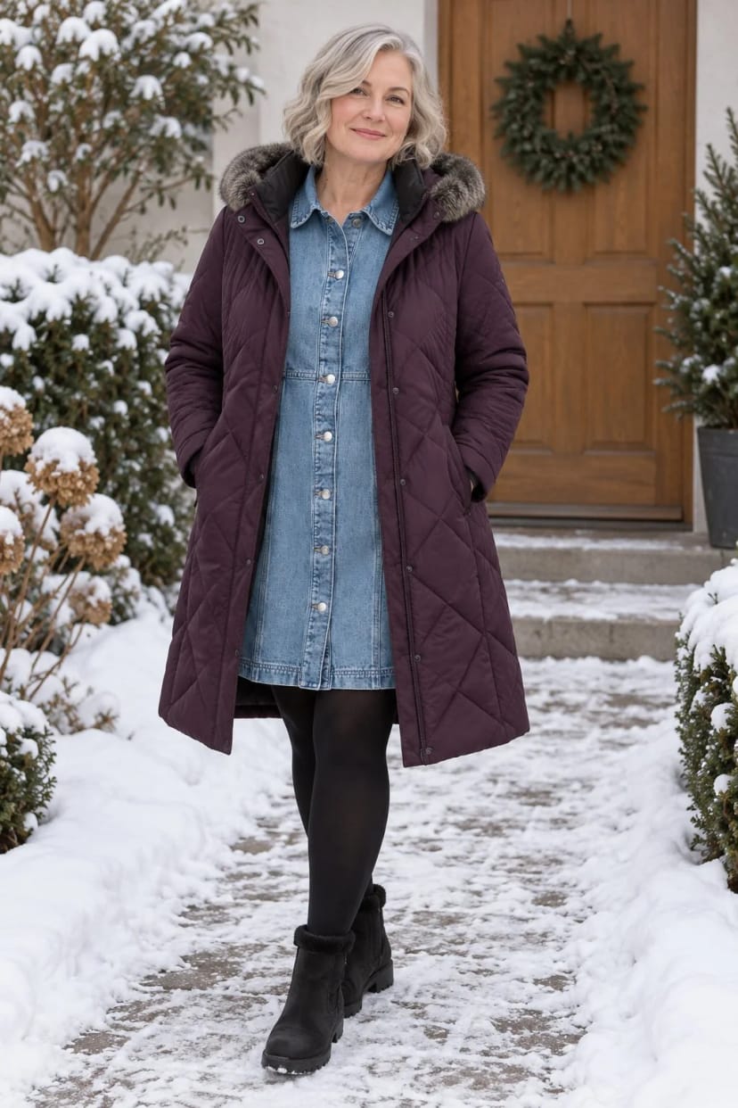 Frau trägt Helles Jeanskleid mit beerenfarbenem Steppmantel – Schneetag, Kaffee bei der Nachbarin