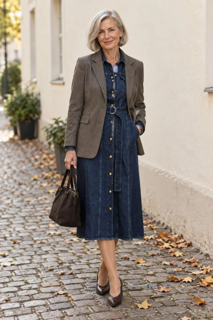 Frau trägt Jeanskleid in Midilänge mit Fischgrat-Blazer – Sonniger Nachmittag, Verabredung im Café