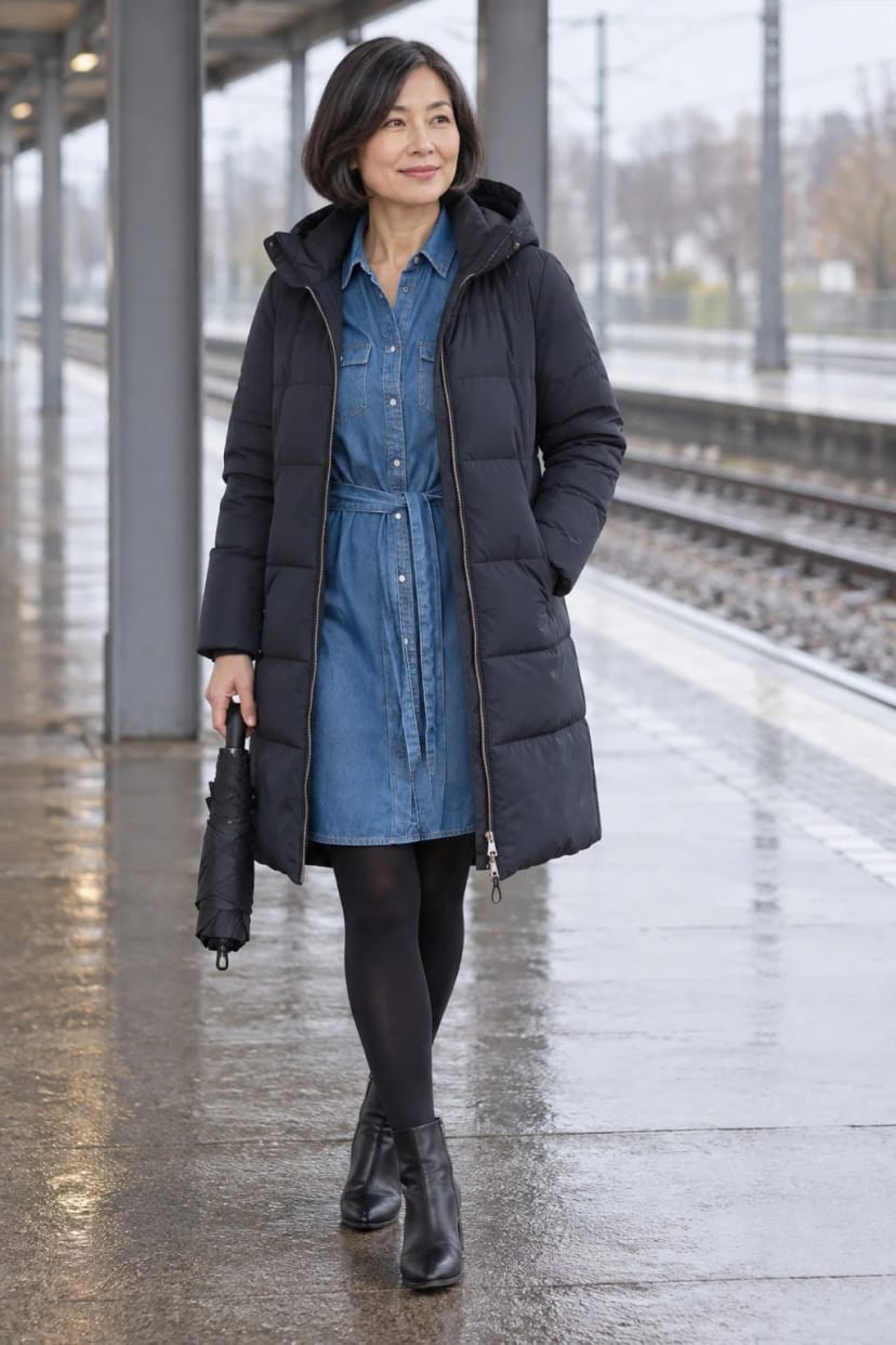 Frau trägt Jeanskleid unter dem dunkelblauen Funktionsmantel – Regentag mit Bahnfahrt in die Stadt
